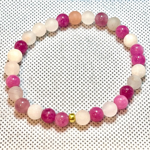 Rose Strawberry Quartz & Brushed Stone Beaded Bracelet Natural Handmade Boutique - Picture 9 of 10
